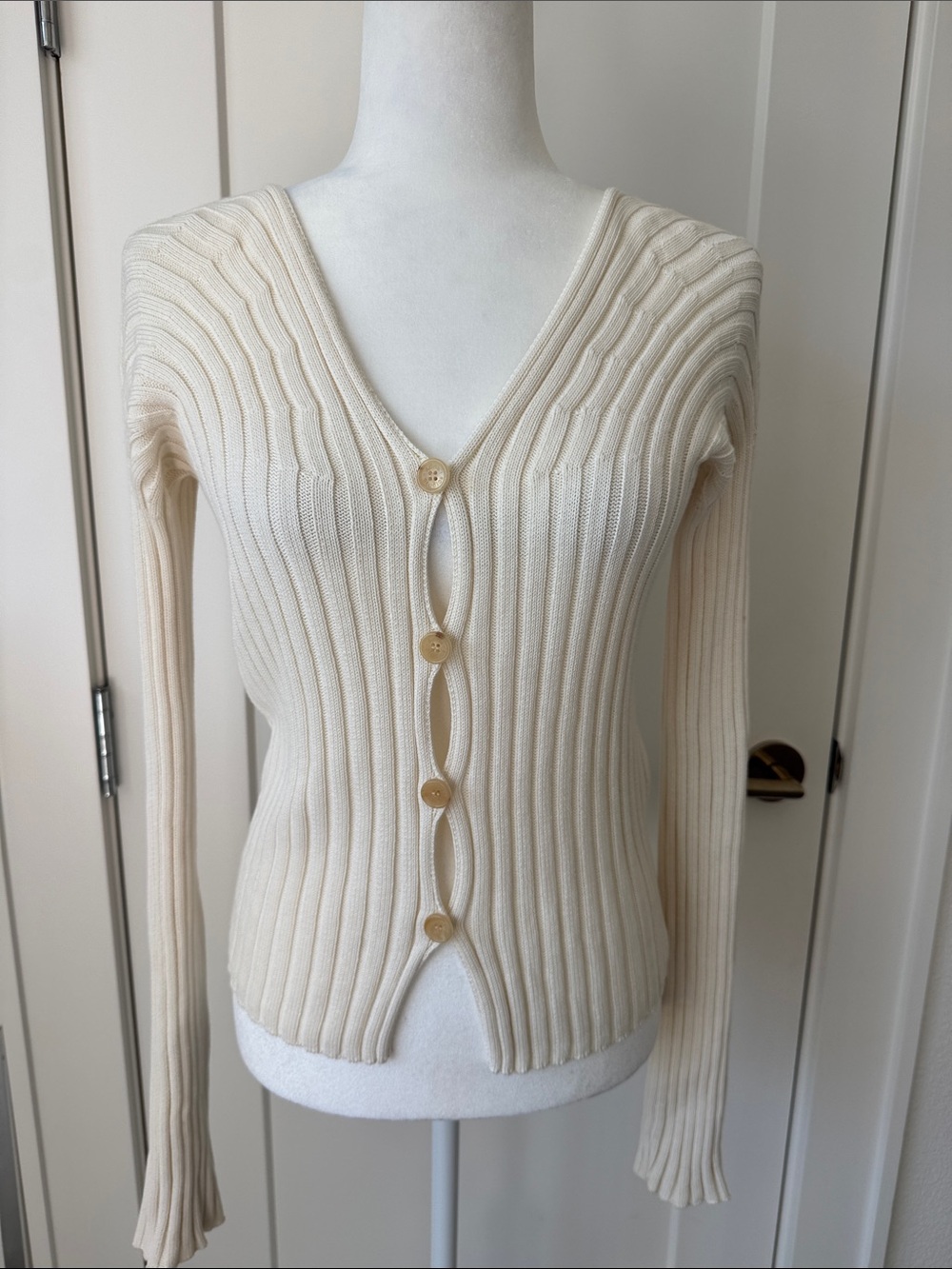 Acne Studios Cream Ribbed V-Neck Button Cardigan